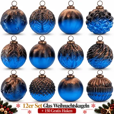 Produktbild von Weihnachtskugeln Glas 12er Set Christbaumkugeln Baumschmuck Blau Bronze I219
