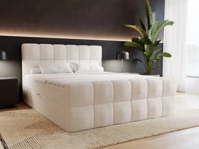 Produktbild von GrainGold Boxspringbett Alicante 140x200 cm - Bett 140x200, Kontinentalbett mit Bettkasten - Doppelbett mit Matratze - Bett mit Bouclé-Stoff - Beige