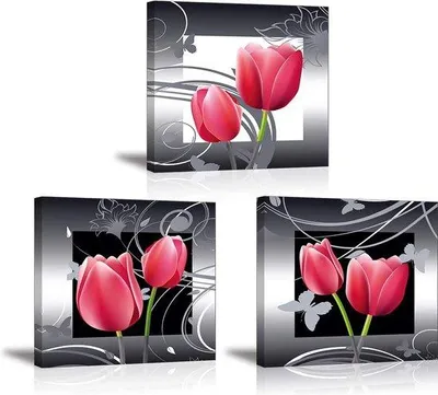 Produktbild von Wanddekoration 3-teilig rote elegante Tulpen Bilder auf Wasserfestem Leinwand, Blumen, Ölgemälde, Wohnzimmer, Schlafzimmer, Küche, Geburtstagsgeschenk, 30 x 30 cm