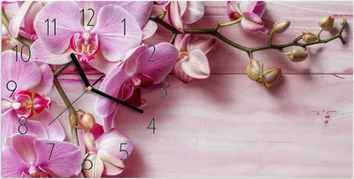 Produktbild von Wanduhr aus Glas mit Motiv Orchideen Holz Hintergrund- 60 x 30 cm - inkl. Aufhängesystem