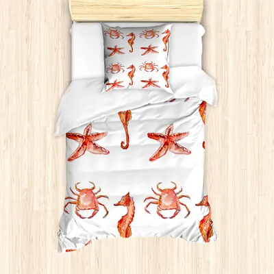 Produktbild von ABAKUHAUS Nautisch Bettbezug Set, Krabben Seahorse Seestern Hand gezeichnet Unterwasser Meerestiere Ozean Bild, 135 x 200 cm + 80 x 80 cm, Dunkle Koralle Lachs