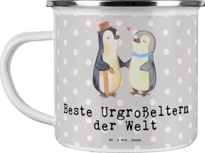 Produktbild von Mr. & Mrs. Panda Teetasse Pinguin Beste Urgroßeltern der Welt - Grau Pastell - Geschenk, Blechtasse, Teebecher, becher emaille, Geschenkidee, Uroma, Kleinigkeit, Pott