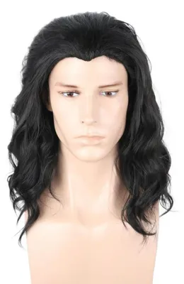 Obrázek produktu pro Černá, kudrnatá paruka pro muže, dlouhá, vhodná pro Halloween a cosplay, včetně parukové čepice