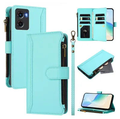 A collage of images showing a turquoise phone case with a wallet and zipper.