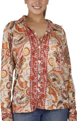 Produktbild von Leichte Boho Bluse, Sommerbluse, Damen Hemdbluse - Beige/orange, Creme-weiß, Baumwolle, Größe: S