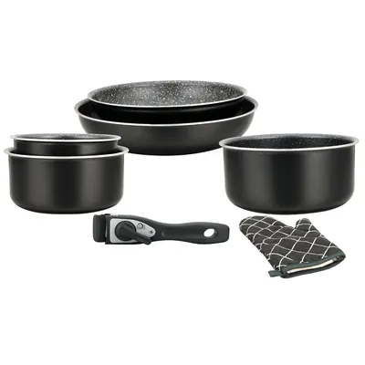 Produktbild von Herzberg HG-8053: 7-Teiliges Marmorbeschichtetes Kochgeschirrset Mit Abnehmbarem Griff Schwarz