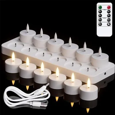 Produktbild von Elektrische LED-Lichterkette mit Fernbedienung und Timer, 12 Stück batteriebetriebene 3D-Flammlichter mit Ladestation für Halloween- und Weihnachtsdekoration (4 x 4,7 cm)