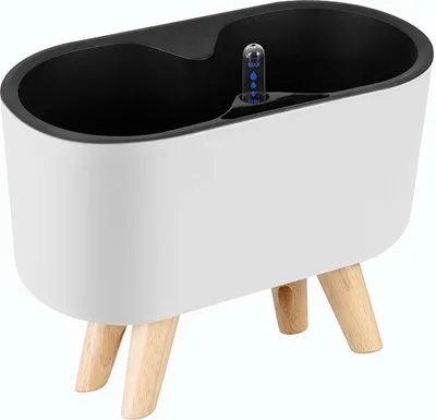 Produktbild von 27,5CM Selbstbewässernder Kunststoff-Übertopf mit Wasserstandsanzeige, Moderner dekorativer Übertopf Blumentopf für Zimmerpflanzen, Kräuter, Aloe, Usambaraveilchen, Sukkulenten (Mit 4 Holzbeinen,Weiß)