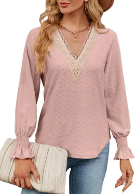 Image de ASKSA Femme Dentelle Col V Chemise Casual T-Shirts Chemise élégante Manches longues Tunique Tops, Rose, M
