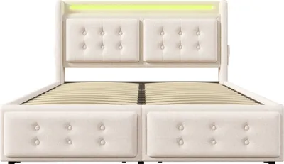 Produktbild von Flieks Polsterbett 180x200cm mit 4 Schubladen, Stauraumbett Doppelbett mit Ladefunktion, Jugendbett Holzbett mit LED, Funktionsbett Baumwolle, Beige