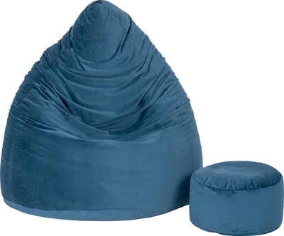 A turquoise velour beanbag chair and matching ottoman are shown against a white background.
