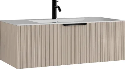 Produktbild von Badmöbelschrank hängend mit Rillenoptik, Einbauwaschbecken + Armatur - Beige - 100 cm - PALIRO