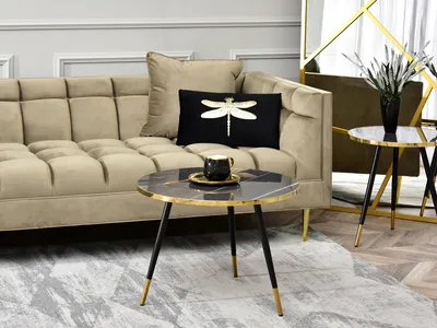 Produktbild von Runder Couchtisch JORMAN – Graphitmarmor / Schwarz / Gold