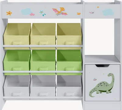 Produktbild von Kinderregal ‘Søndreland’ mit einer Schranktür und 9 Faltboxen 80 x 90 x 30 cm mit Dinosaurier Motiv
