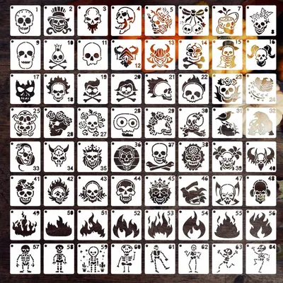 64 Halloween Schablonen - 3 Zoll Wiederverwendbare Schädel Schablonen für Kartenherstellung und Scrapbooking