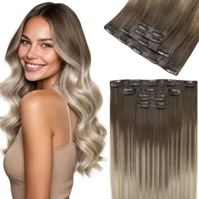 Obrázek produktu pro Clip-in prodlužovací vlasy, přírodní vlasy, balayage, 55 cm, 100 g, 4 kusy, tmavě hnědé, středně hnědé, blond