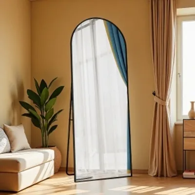 Immagine prodotto di UnboxG Specchio per il corpo a figura intera, 162 x 53 cm Specchio da parete a figura intera con cornice in lega di alluminio e vetro infrangibile Specchio da terra curvo per soggiorno, spogliatoio, nero