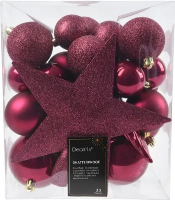 Produktbild von Weihnachtskugeln Kunststoff mit Christbaumstern 33er Set - Granatapfel