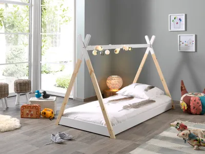 Image de Vipack Tipi Tente Lit avec matelas et sommier à lattes, avec surface de couchage 90 x 200 cm, finition pin massif blanc/naturel