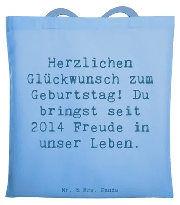 Produktbild von Mr. & Mrs. Panda Schultasche Spruch 2014 Geburtstag Freude - Sky Blue - Geschenk, geschätzte Person, Stoffbeutel, Geburtstagsgeschenk, Shopping Tasche, Dankbarkeit, Glück