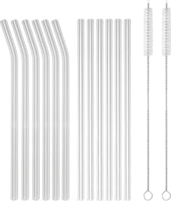 Immagine prodotto di Intirilife Set di cannucce in vetro da 15 pezzi - 20 x 0,8 cm - Set di cannucce riutilizzabili con 6 cannucce dritte e 6 cannucce curve, 2 spazzole e sacchetto di conservazione