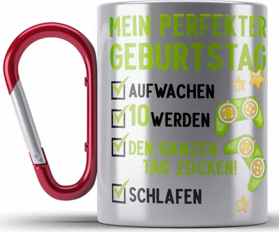 Produktbild von Trendation - 10 Geburtstag Junge Jungen Geschenke Edelstahl Tasse Karabiner 10er Geburtstagsgeschenk Gamer 10 Jahre (Rot)