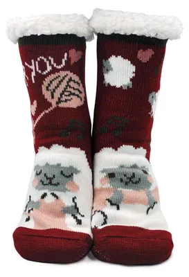 Produktbild von Stoppersocken Damen Winter Warm Anti-Rutsch Rot mit Schafen, 1 Paar, 35-41