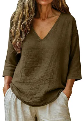 Image de T-shirt pour femmes ASKSA, col en V, manches 3/4, chemisier en lin d'été, chemisier en mousseline, uni, décontracté, ample, basique (vert olive, taille 3XL)