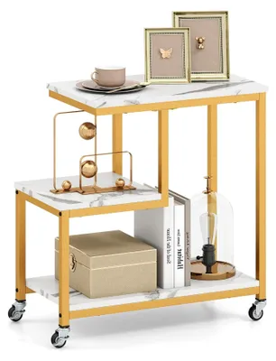 Produktbild von Beistelltisch mit Rollen, moderner Wohnzimmertisch aus Marmor in Gold, Couchtisch mit 3 Ebenen, Kaffeetisch mit Metallrahmen, 59 x 30 x 61 cm, für Wohnzimmer, Schlafzimmer und Arbeitszimmer