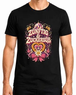 Zdjęcie produktu dla Koszulka męska "Zünftig & Zuckersüß Volksfest Wiesn Trachtenshirt Lederhose Herz", czarna, rozmiar M