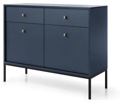 Image de Commode à deux tiroirs et deux portes, bleu marine, poignées noires, 104 x 39 x 83 cm
