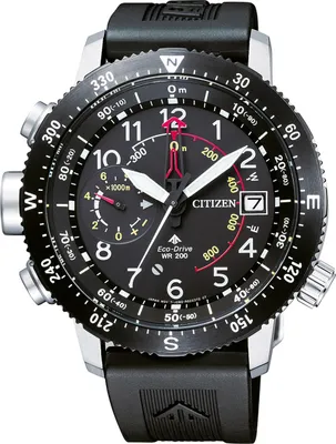 A close-up, front-facing view of a Citizen Promaster Eco-Drive watch with a black dial and black rubber strap.