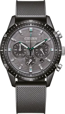 A close-up, front-facing studio shot of a men's Citizen Eco-Drive chronograph watch.
