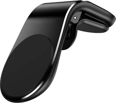 A black magnetic car vent mount is shown against a white background.