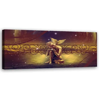 Obrázek produktu pro Obraz na plátně Zlatý Buddha a pták 150x50 Feeby Hnědý obraz na zeď připravený k zavěšení