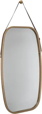 A mirror hanging from a strap against a white background.