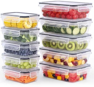 Productafbeelding van Vershouddozen met Deksel - BPA-vrij - Lekvrij - Vaatwasmachinebestendig - Magnetronbestendig - Stapelbaar - 1 l x 5 stuks + 0,52 l x 5 stuks - Voedselcontainers