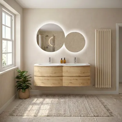Produktbild von Hängendes Badmöbel 140 cm gebogen Gold-Eiche mit Harzwaschbecken, 4 Soft-Close-Schubladen, vormontiert