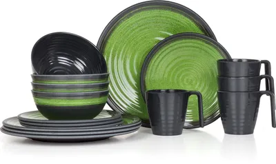 Produktbild von Melamin Camping Geschirr Set 4 Personen Stone Green + 4 Tassen Stone Kaffetassen Becher Tafelgeschirr Picknick BBQ Kochgeschirr