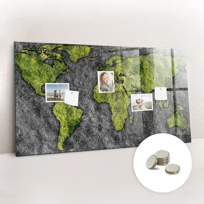 Obrázok produktu pre Magnetická tabuľa na stenu - Memo Tabuľa Sklenená - vrátane 5 magnetov - 120x60 cm - Mapa sveta