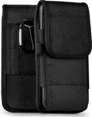 A black phone belt pouch with a carabiner clip.