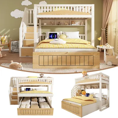 Imagen del producto de Cama nido infantil de 90x200 cm y 140x200 cm, fabricada en MDF, aglomerado y contrachapado, con espacio de almacenamiento hidráulico, armario escalera y puerto USB-C, en color blanco natural