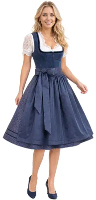 Produktbild von dressforfun® Midi-Dirndl, tailliertes Samt-Mieder, rechteckiger Ausschnitt, Schürze mit Schleife, floraler Rock, Taschen, in Dunkelblau