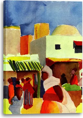 Produktbild von Leinwandbild (40x60cm): August Macke - Markt in Tunis, echter Holz-Keilrahmen inkl. Aufhänger, handgefertigt in Deutschland