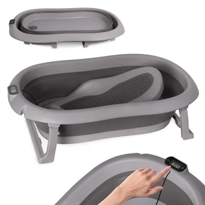 Immagine prodotto di Vaschetta da bagno pieghevole moovkee da 80 cm, grigio scuro, con termometro e sedile da bagno – Vaschetta da bagno sicura per neonati