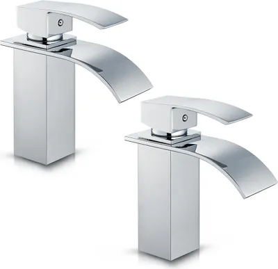 Two identical chrome bathroom faucets are shown against a white background.