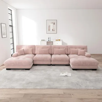 Immagine prodotto di Divano angolare componibile Sweiko, set di divani a U per il soggiorno, comodo divano a nuvola a 4 posti con pouf mobile, combinazione fai da te, ciniglia, rosa