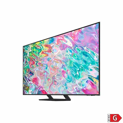 A Samsung QLED TV on a stand, displayed against a white background.