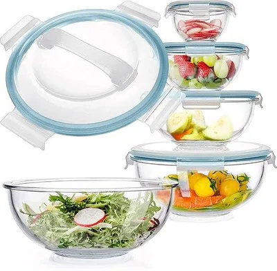 Produktbild von Famanu Set von 5 platzsparenden Glas-Mischschalen - Nesting Schalen mit Deckeln - Antirutsch Salatschalen - BPA-frei
