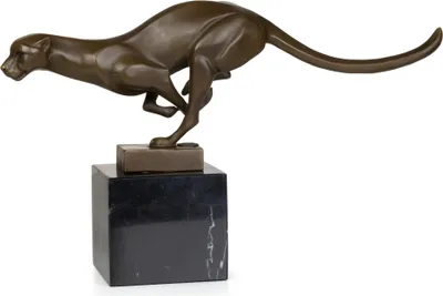 Produktbild von Bronzeskulptur laufende Großkatze aus Bronze auf Marmorsockel mit Filz H 19 cm dynamische Tierfigur als plastische Tierdarstellung für Wohnraum